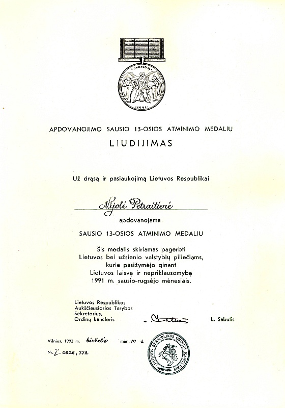 Apdovanojimo Sausio 13-osios atminimo medaliu liudijimas