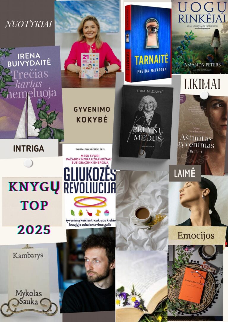 Koliažas „Knygų TOP 2025“ su įvairių žanrų knygų viršeliais, autorėmis ir autoriais, tarp jų – trileriai, romanai, saviugdos ir emocinės gerovės knygos. Matyti užrašai „Nuotykiai“, „Intriga“, „Gyvenimo kokybė“, „Laimė“, „Emocijos“. Taip pat pavaizduoti žmonių portretai, puodelis kavos ant patalynės, atversta knyga su gėlėmis ir estetiniai ramybės motyvai.