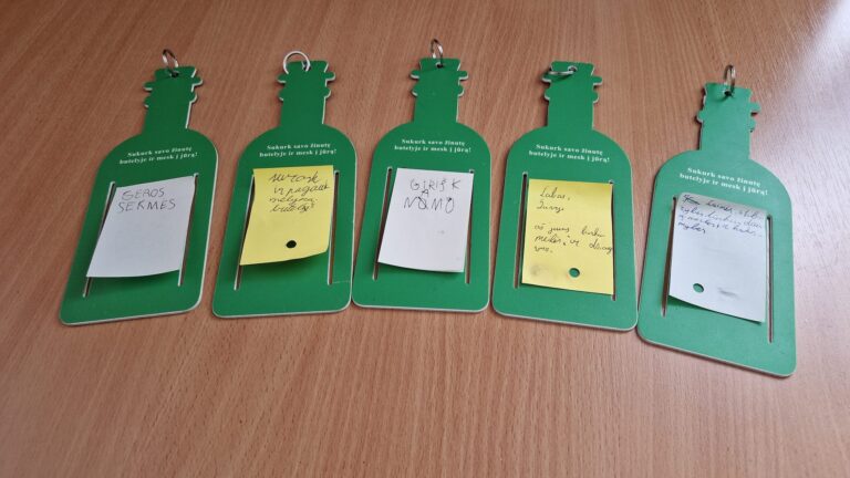 Ant medinio stalo išdėliotos penkios žalios, butelio formos kortelės su žiedeliais viršuje. Ant kiekvienos kortelės įstatyti maži lapeliai su ranka rašytomis vaikų žinutėmis, pavyzdžiui: „Geros sėkmės“, „Grįžk namo“, „Labas, žuvy“, ir kitais trumpais linkėjimais. Kortelės primena simbolines „žinutes buteliuose“.