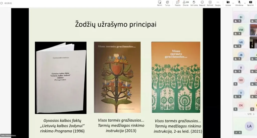 Nuotraukoje matoma skaidrė, kurioje pateikiami žodžių užrašymo principai. Dešinėje pusėje matomi trys skirtingi leidiniai:„Gyvosios kalbos faktų „Lietuvių kalbos žodynui“ rinkimo programa“ (1996), „Visos tarmės gražiausios... Tarmių medžiagos rinkimo instrukcija“ (2013), „Visos tarmės gražiausios... Tarmių medžiagos rinkimo instrukcija, 2-asis leidimas“ (2021).